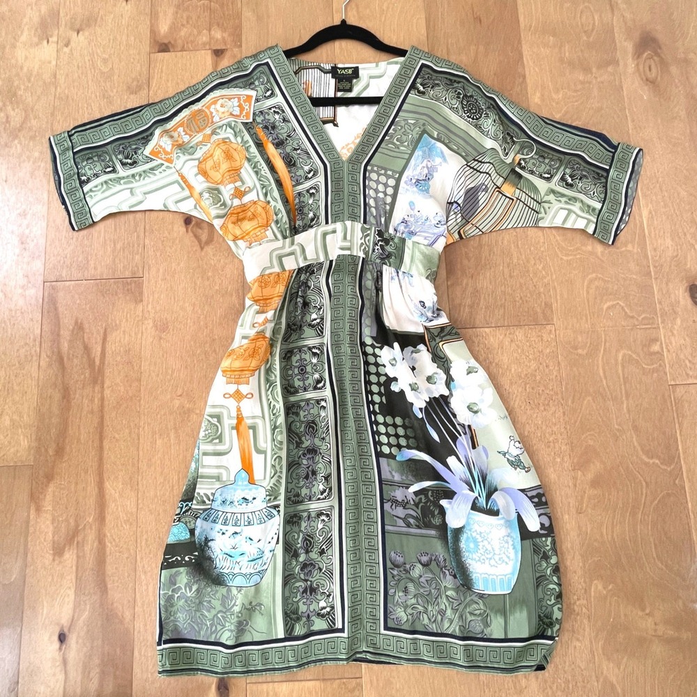 YASB 100% Silk Chinoiserie Print V-Neck Kimono Sleeve Belted Dress Green Large